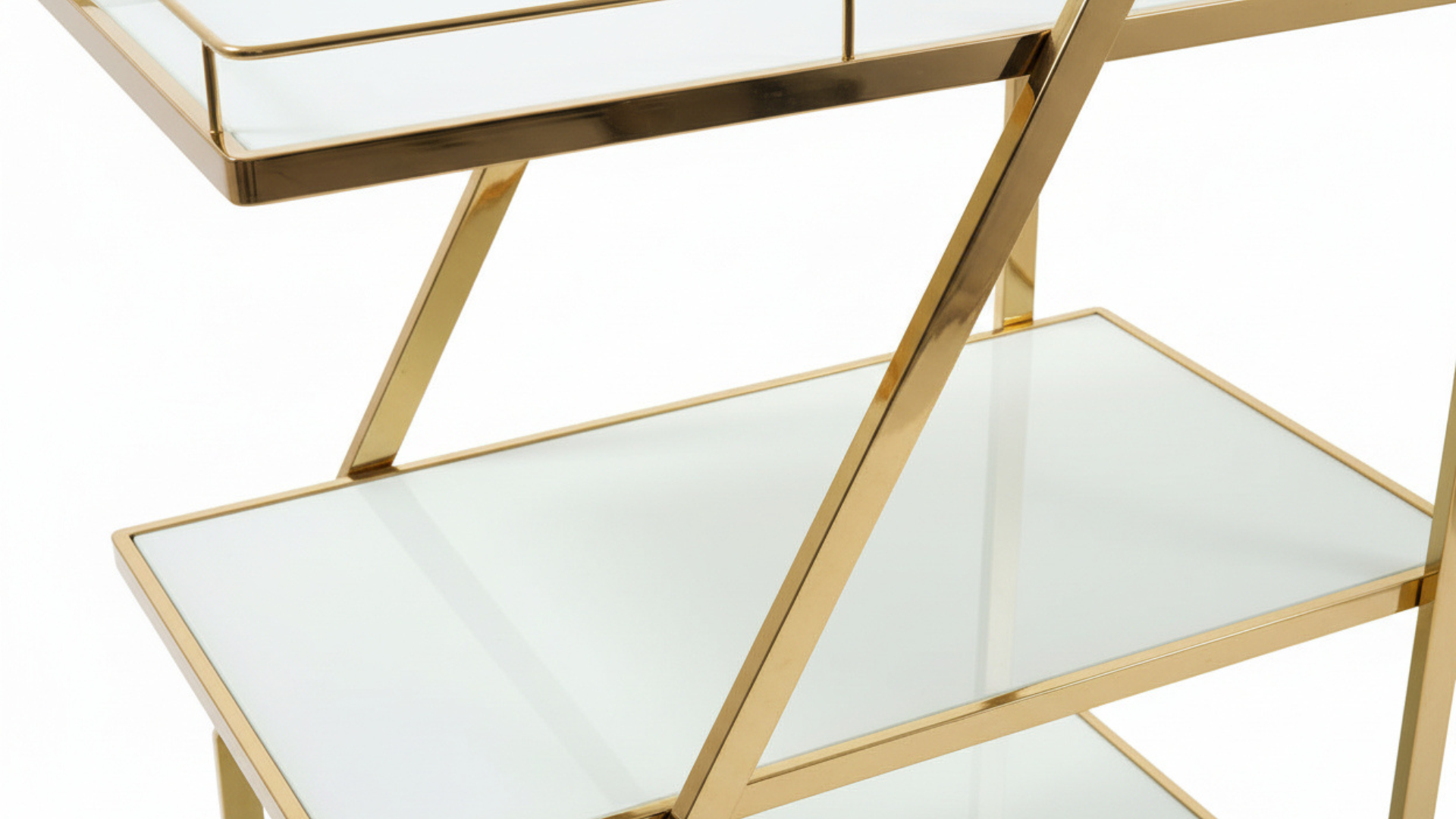 3-Tier Z-Frame Gold Bar Trolley | White Glass Shelves, Walnut Handle & Swivel Casters
