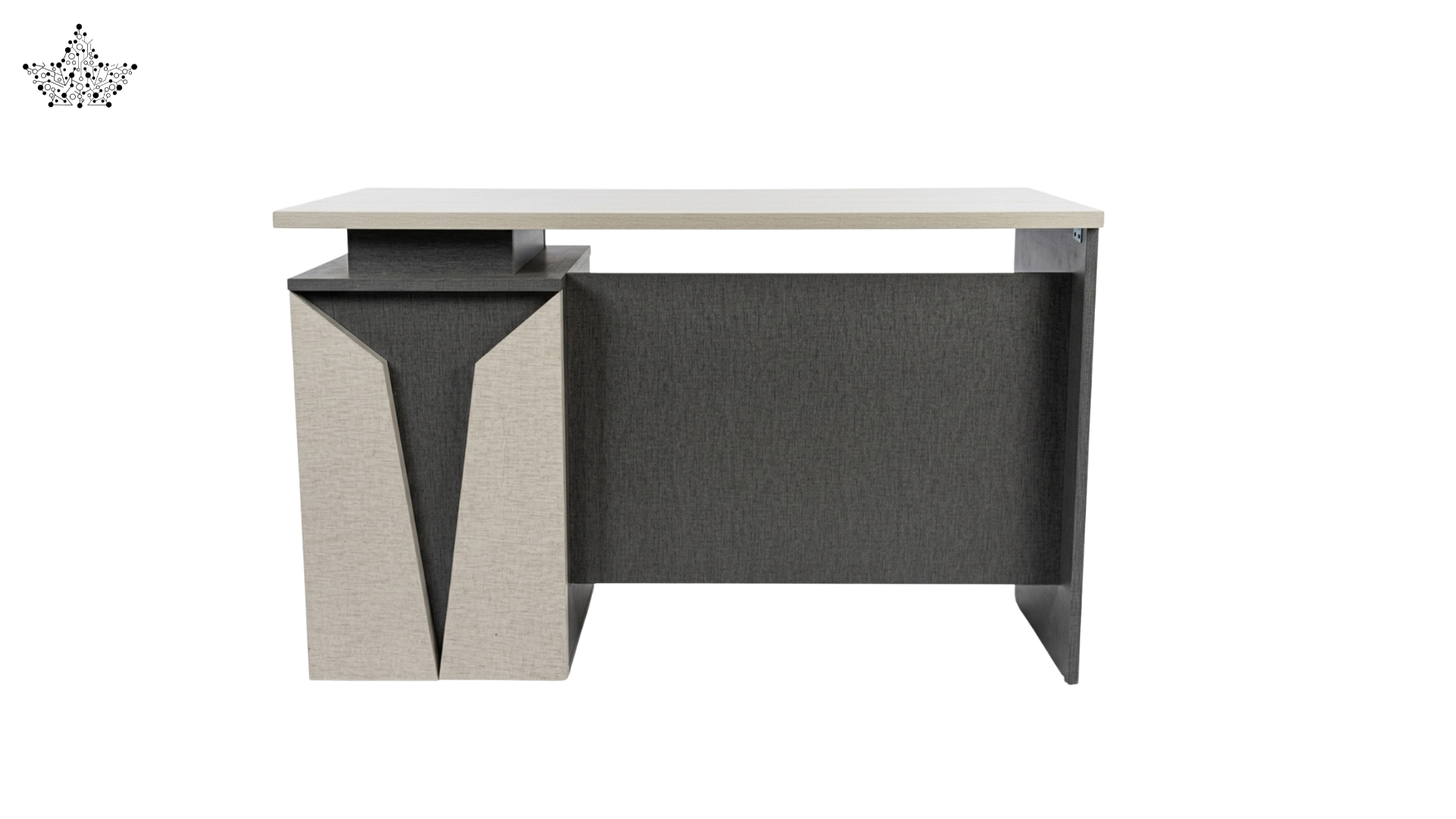 Modern office desk with a white top and black sides on a white background