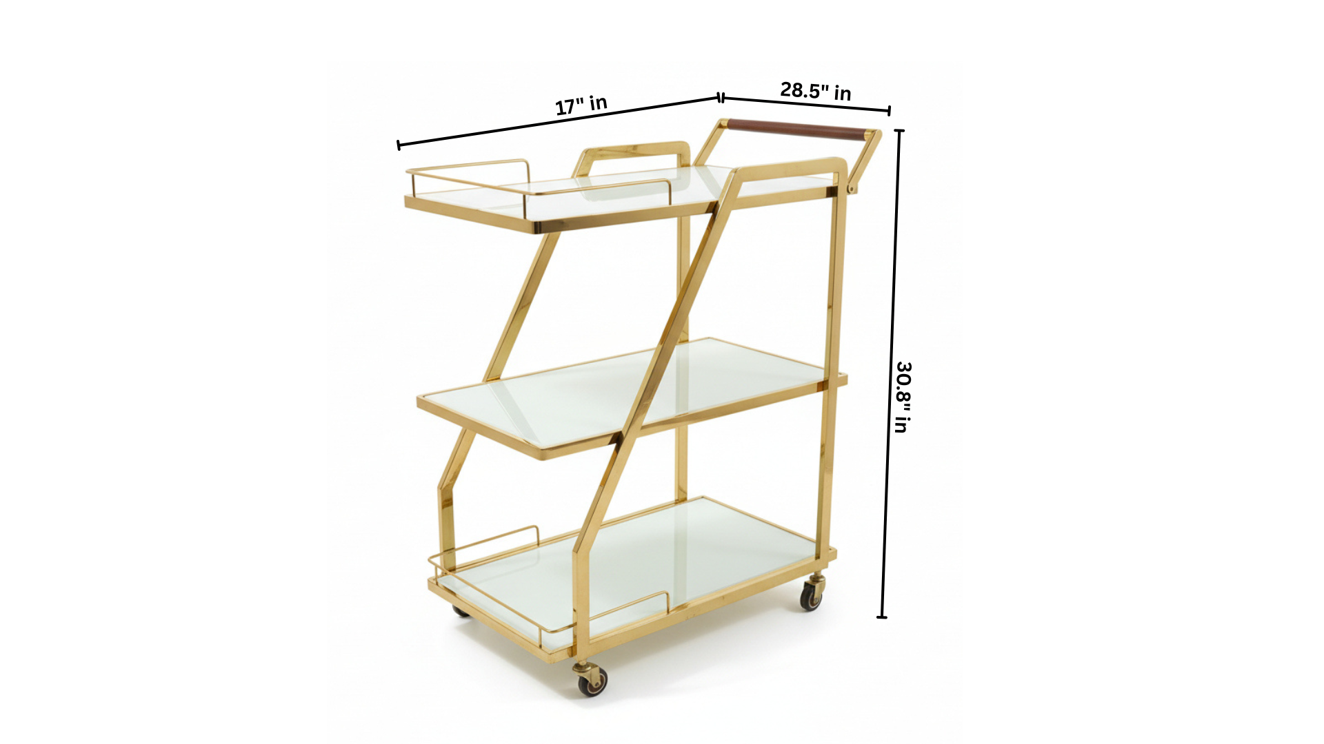 3-Tier Z-Frame Gold Bar Trolley | White Glass Shelves, Walnut Handle & Swivel Casters