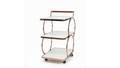 3-Tier O-Ring Rose Gold Bar Trolley | White Glass Shelves, Walnut Handle & Swivel Casters