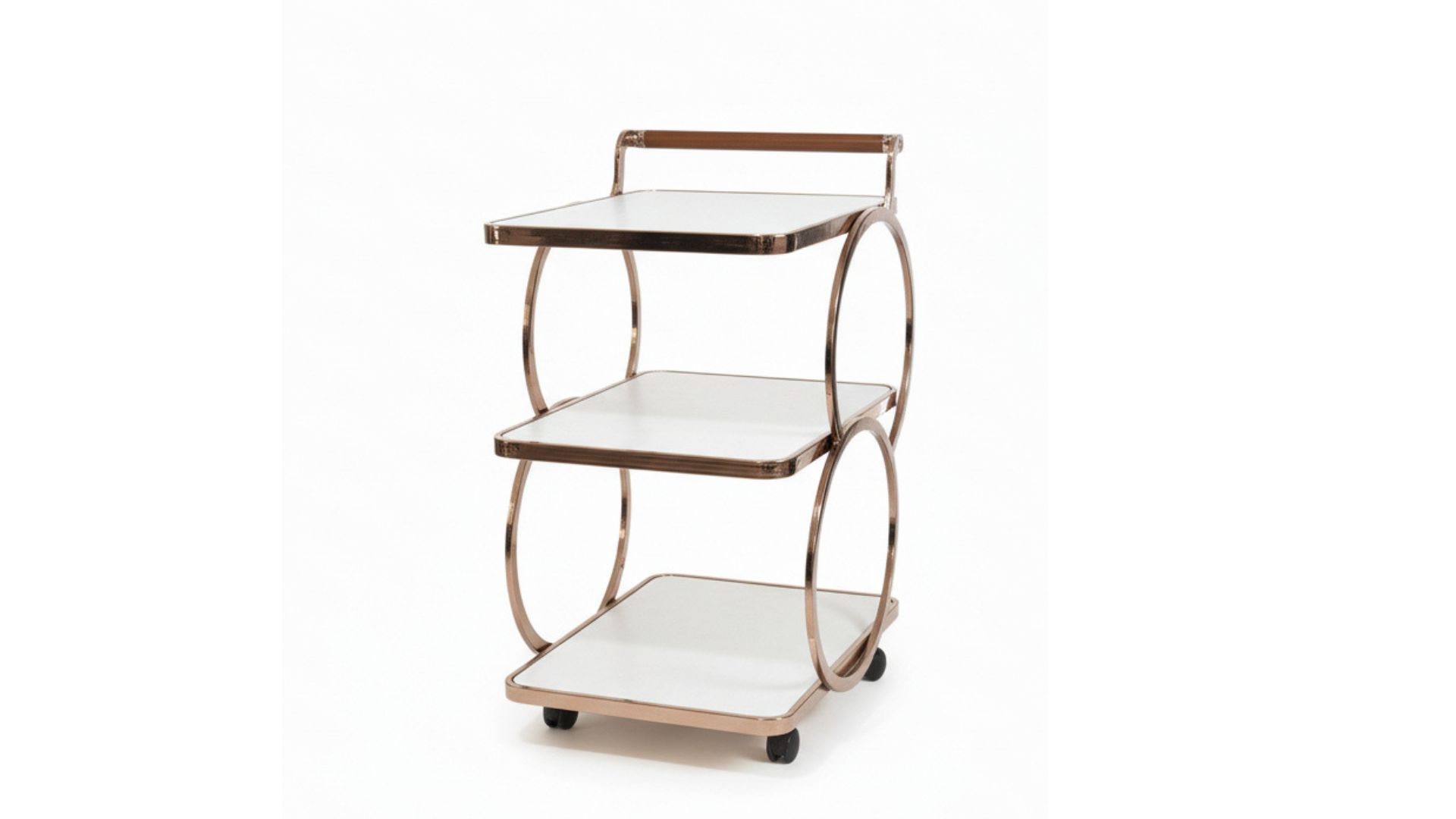 3-Tier O-Ring Rose Gold Bar Trolley | White Glass Shelves, Walnut Handle & Swivel Casters