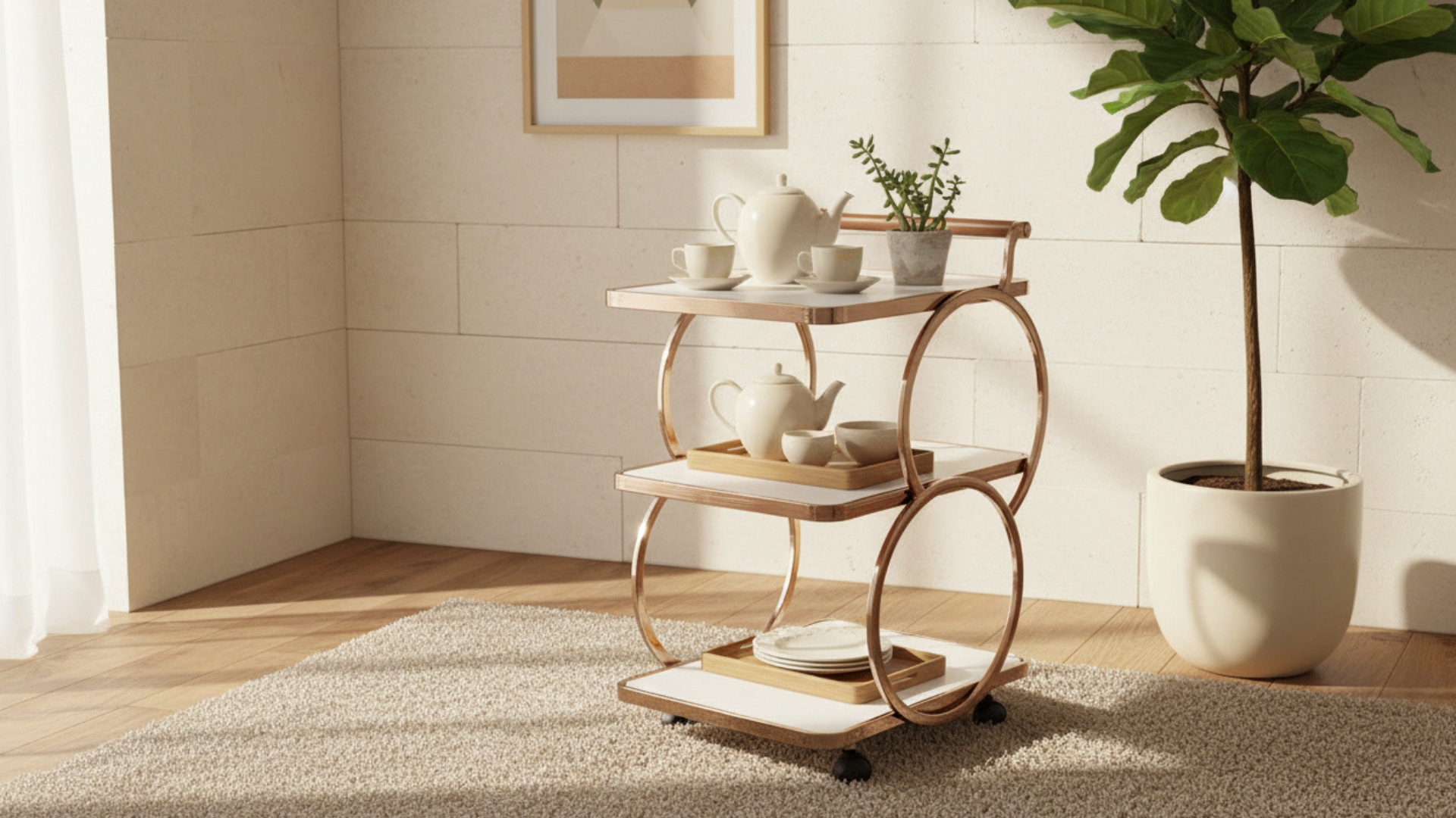3-Tier O-Ring Rose Gold Bar Trolley | White Glass Shelves, Walnut Handle & Swivel Casters
