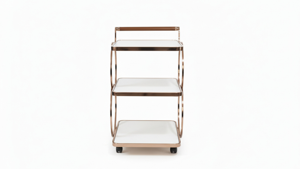 3-Tier O-Ring Rose Gold Bar Trolley | White Glass Shelves, Walnut Handle & Swivel Casters