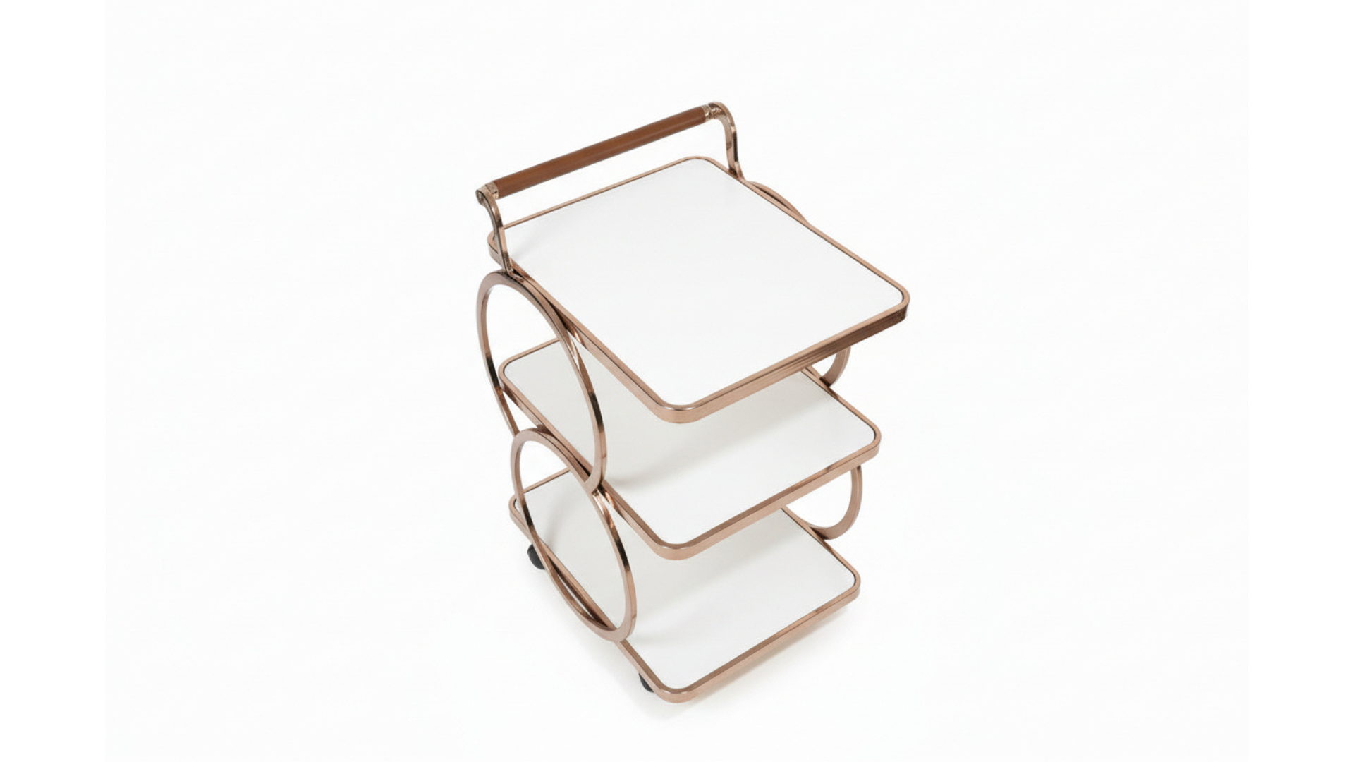 3-Tier O-Ring Rose Gold Bar Trolley | White Glass Shelves, Walnut Handle & Swivel Casters