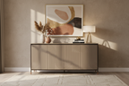 Wooden sideboard with decorative patterns on a white background