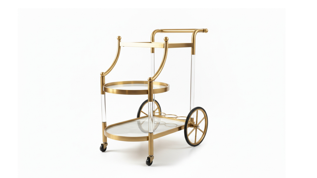 3-Tier Aero Wheel  Service Trolley | Stainless Steel, Marble, Glass & Acrylic | Antique Gold