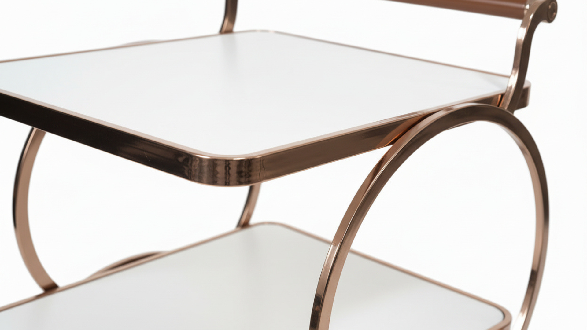 3-Tier O-Ring Rose Gold Bar Trolley | White Glass Shelves, Walnut Handle & Swivel Casters