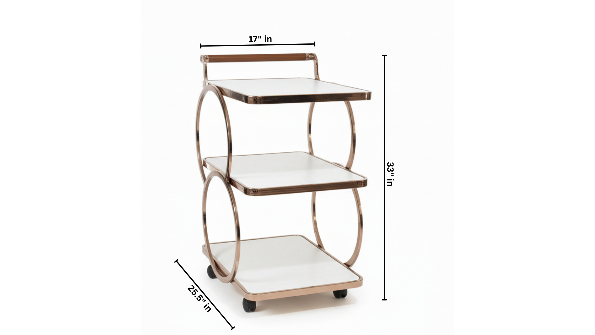 3-Tier O-Ring Rose Gold Bar Trolley | White Glass Shelves, Walnut Handle & Swivel Casters