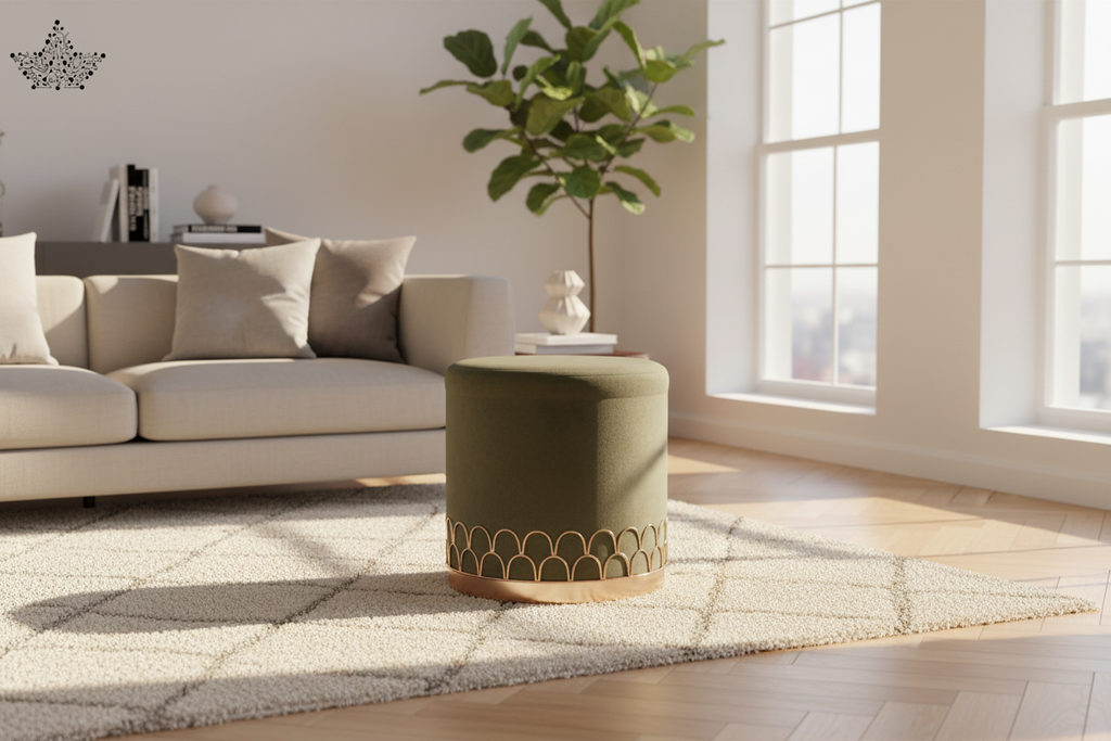 Green cylindrical container with beige decorative pattern on a white background