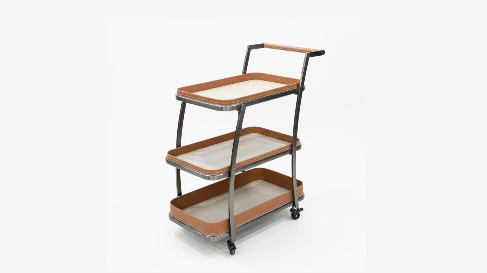 3-Tier Leather Tray Bar Trolley | Gunmetal Frame, Cognac Leather Shelves & Ceramic Inset