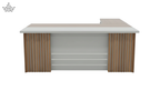 Modern office desk with wooden side panels on a white background