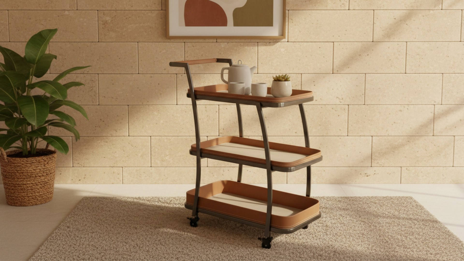 3-Tier Leather Tray Bar Trolley | Gunmetal Frame, Cognac Leather Shelves & Ceramic Inset