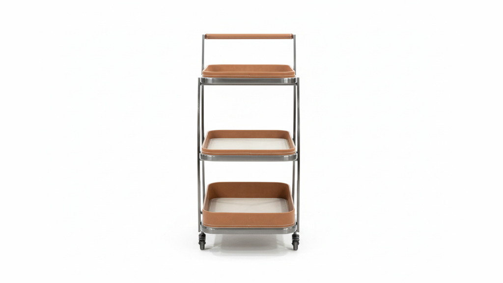 3-Tier Leather Tray Bar Trolley | Gunmetal Frame, Cognac Leather Shelves & Ceramic Inset