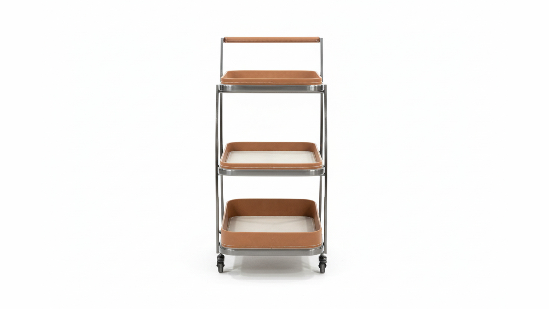 3-Tier Leather Tray Bar Trolley | Gunmetal Frame, Cognac Leather Shelves & Ceramic Inset