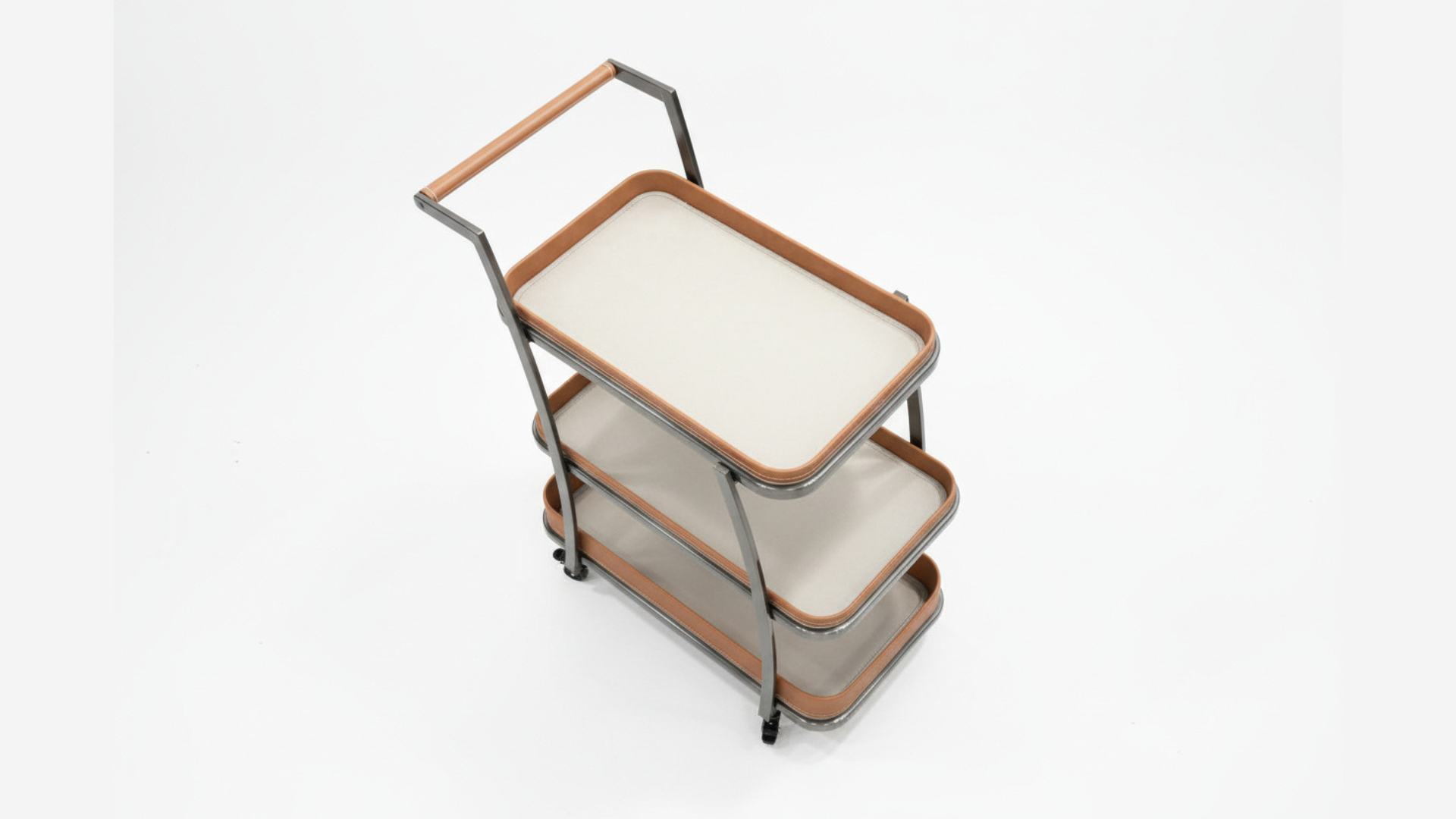 3-Tier Leather Tray Bar Trolley | Gunmetal Frame, Cognac Leather Shelves & Ceramic Inset