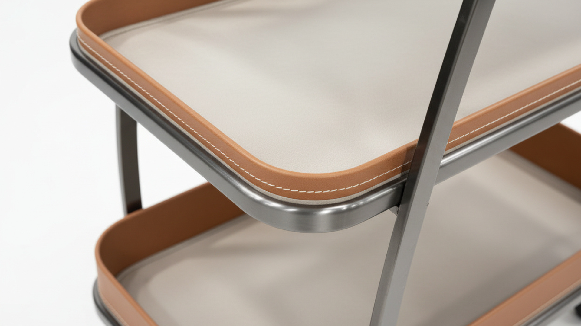 3-Tier Leather Tray Bar Trolley | Gunmetal Frame, Cognac Leather Shelves & Ceramic Inset