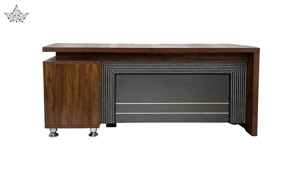 Wooden console table with a metallic finish on a white background