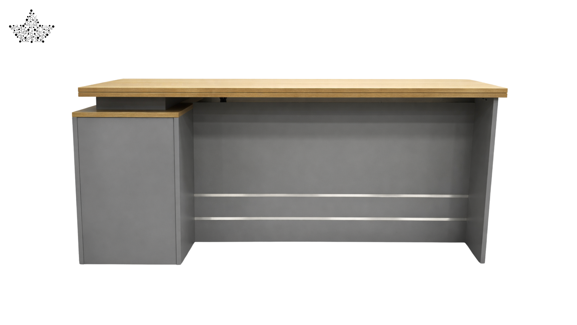 Corner office desk with wooden top and gray side panels on a white background