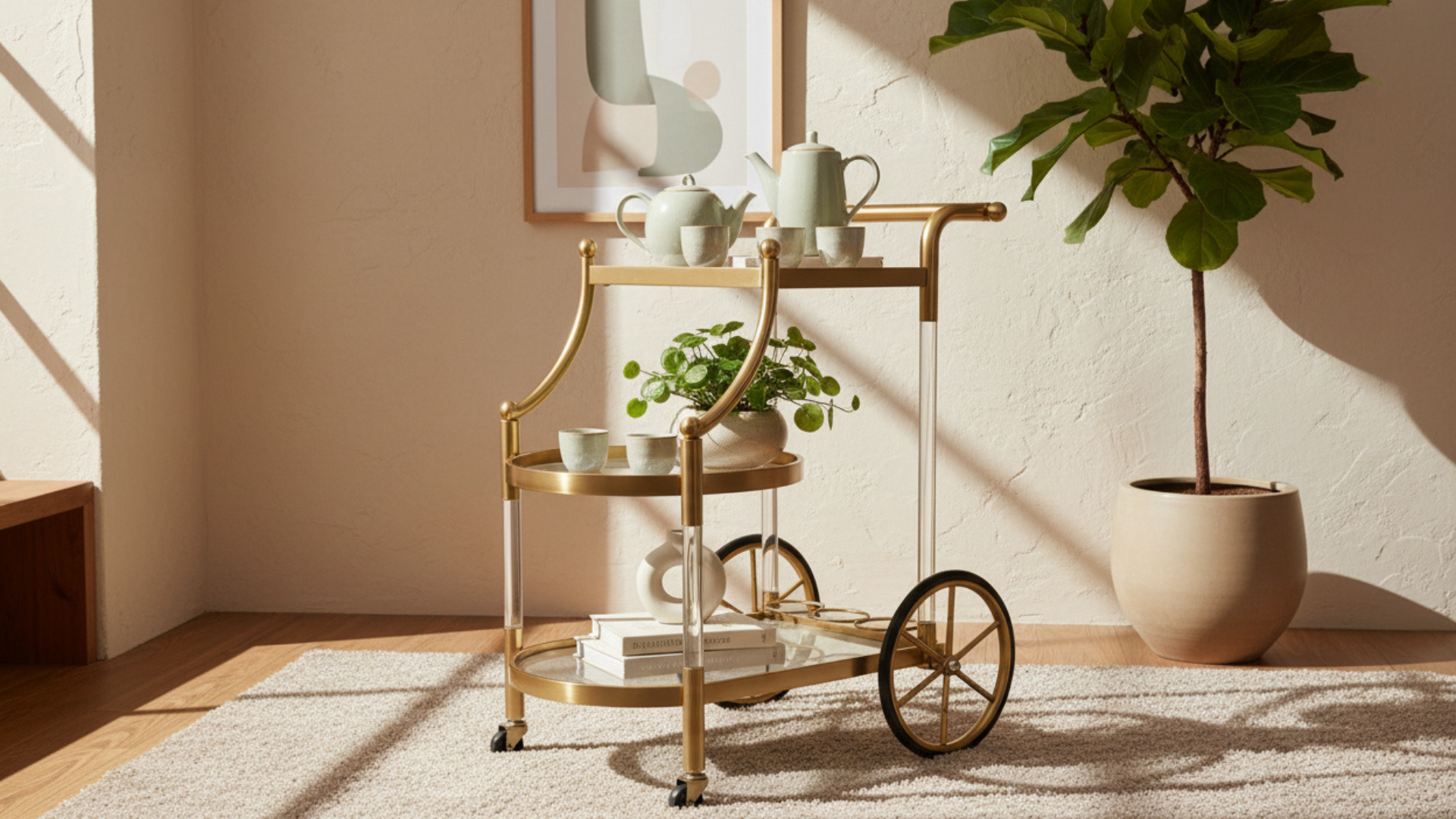 3-Tier Aero Wheel  Service Trolley | Stainless Steel, Marble, Glass & Acrylic | Antique Gold
