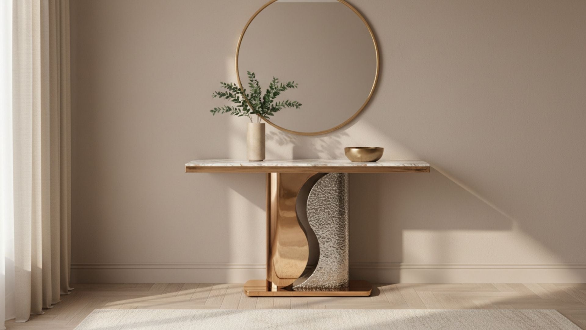 Modern console table with decorative items against a beige wall