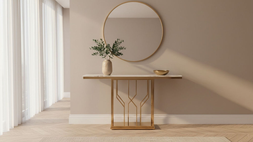 Art Deco Lattice Console Table with Marble Top