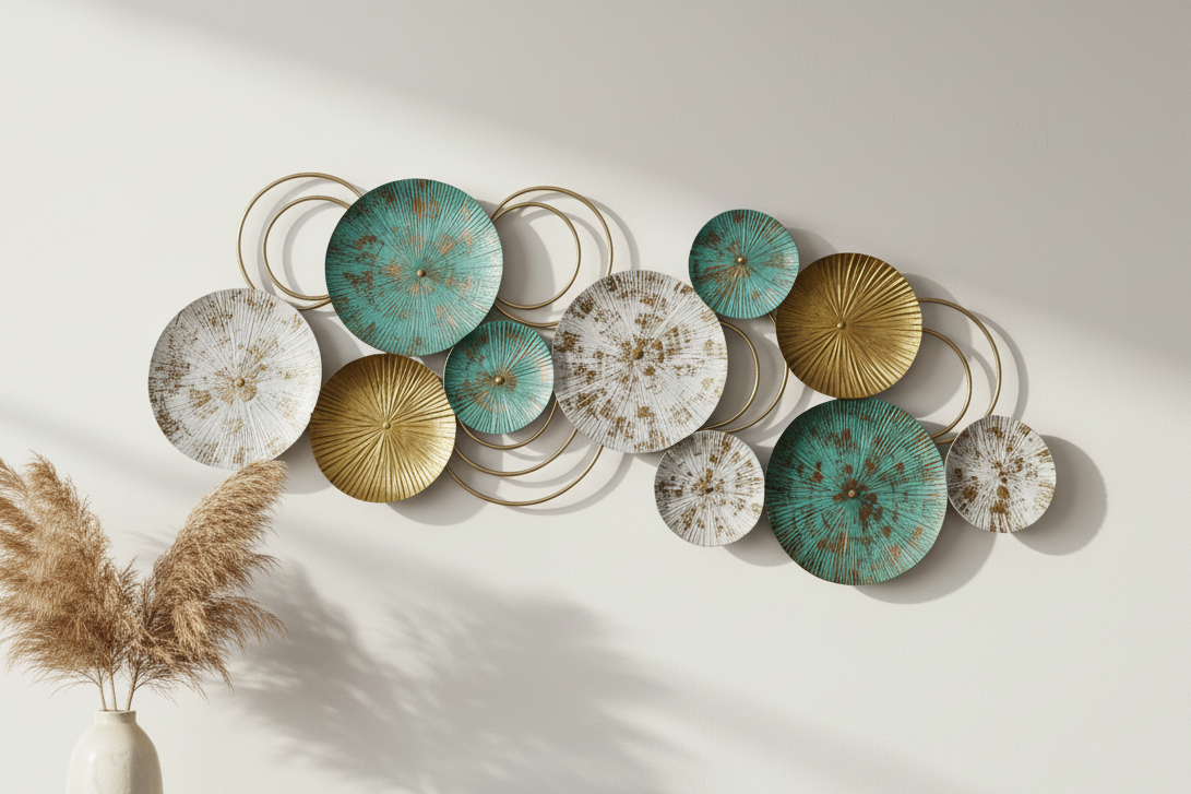 Decorative wall art with circular plates in various colors on a light background