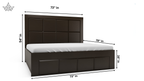 Dimensions of a dark brown upholstered bed with white mattress on a white background
