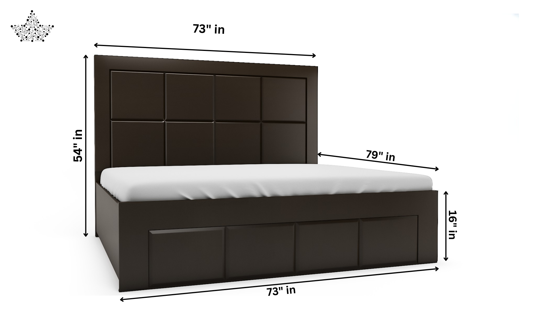 Dimensions of a dark brown upholstered bed with white mattress on a white background