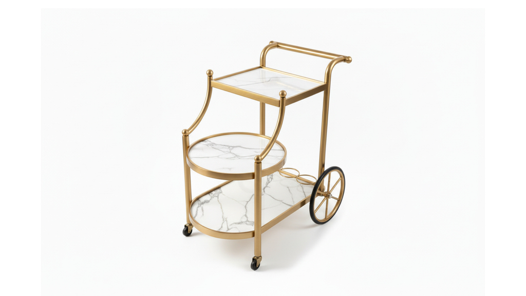 3-Tier Aero Wheel  Service Trolley | Stainless Steel, Marble, Glass & Acrylic | Antique Gold