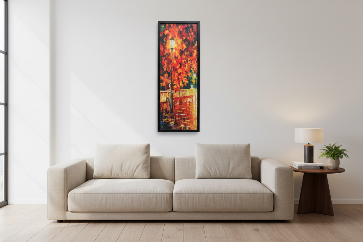 Framed artwork of a street lamp with autumn leaves on a white background