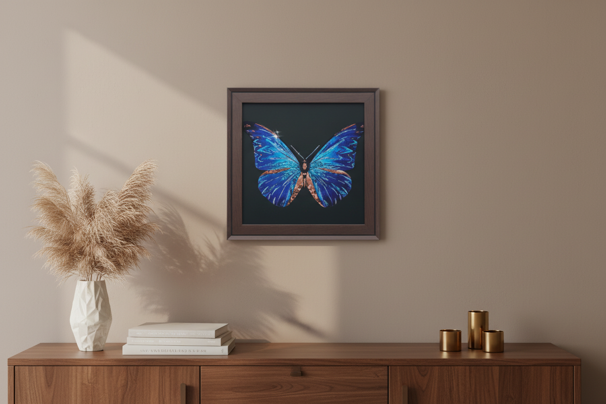 Framed artwork of a blue butterfly on a white background