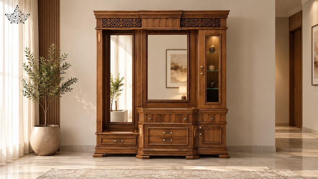 Royal Carved Dressing Unit with Triple Mirror & Cabinet