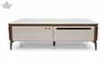 Coffee table with wooden frame and white top on a white background
