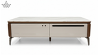 Coffee table with wooden frame and white top on a white background
