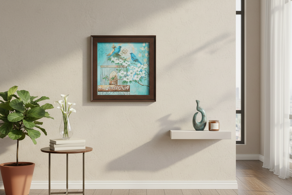 Framed artwork with birds and a cage on a white background