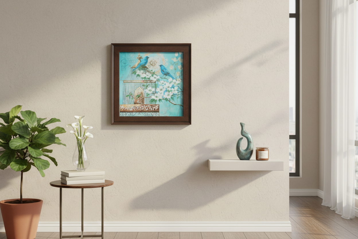 Framed artwork with birds and a cage on a white background