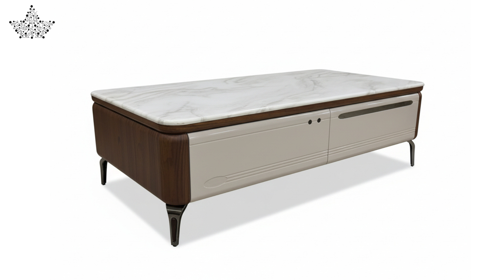 Marble Top Center Table | Walnut Wood, Cream Lacquer & Gunmetal Legs