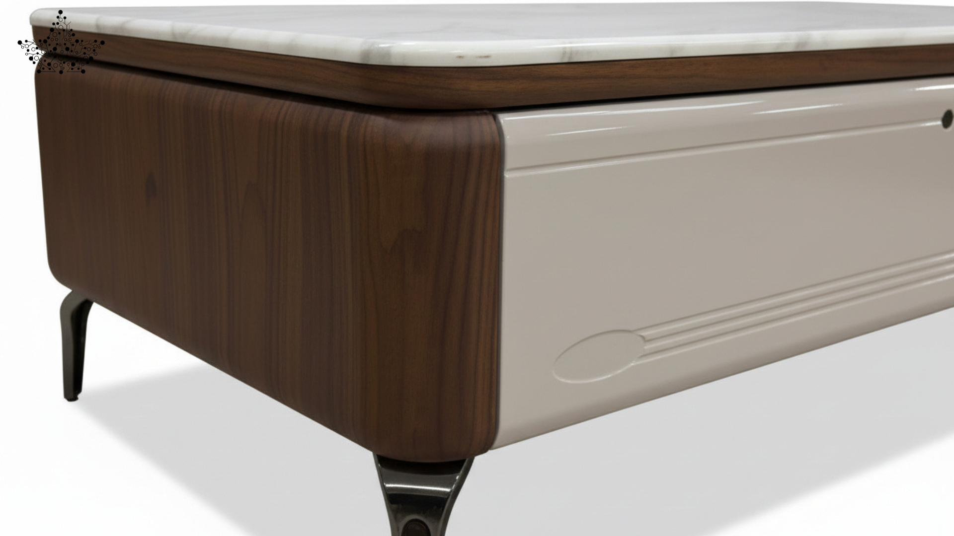 Marble Top Center Table | Walnut Wood, Cream Lacquer & Gunmetal Legs