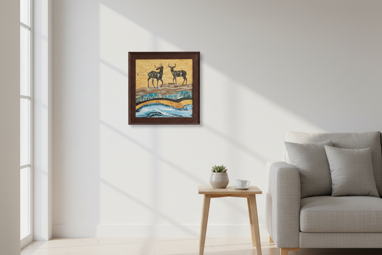 Framed artwork of two deer on a textured background