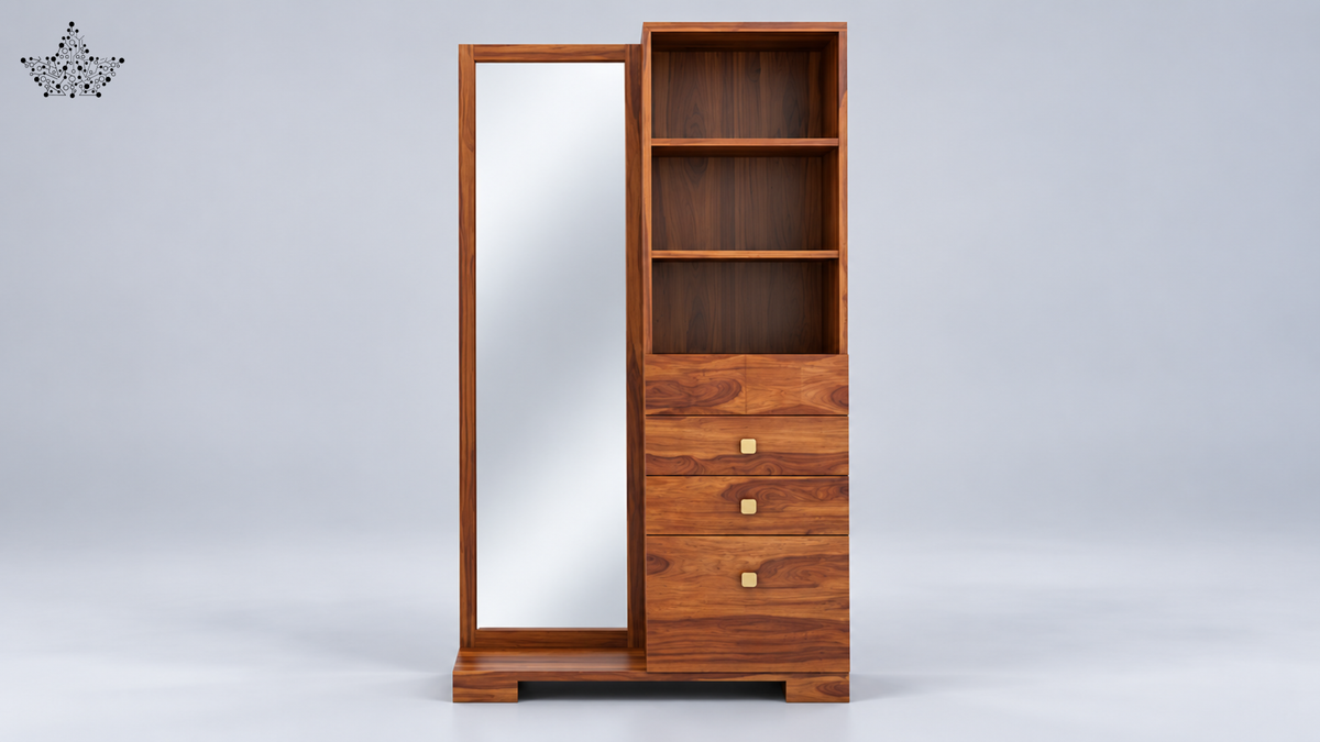 Walnut Mirror Dressing Unit with Shelves & Drawers