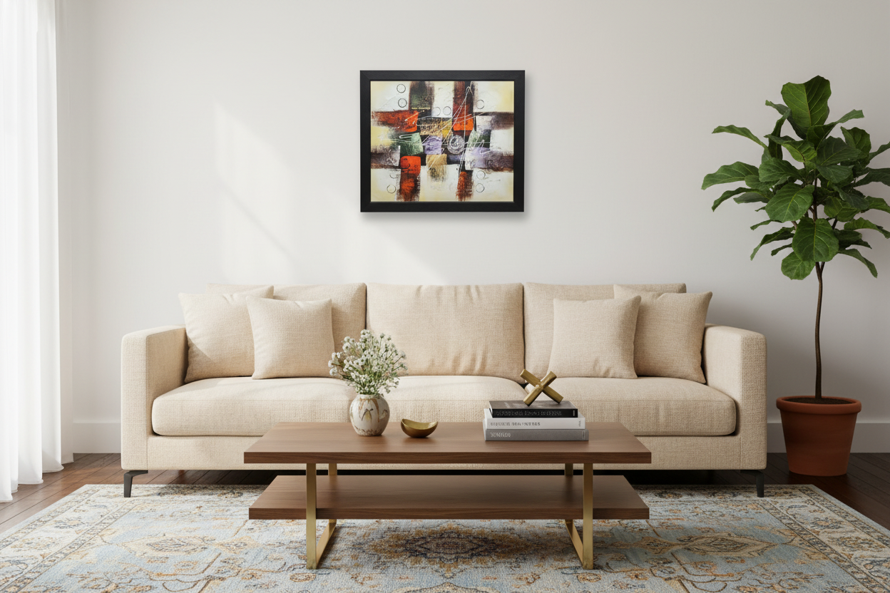Abstract art print in a black frame on a white background
