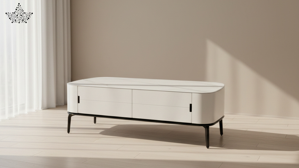 Marble Top Center Table | White Matte Lacquer, 4 Drawers & Dark Metal Legs