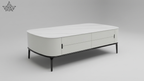 Marble Top Center Table | White Matte Lacquer, 4 Drawers & Dark Metal Legs