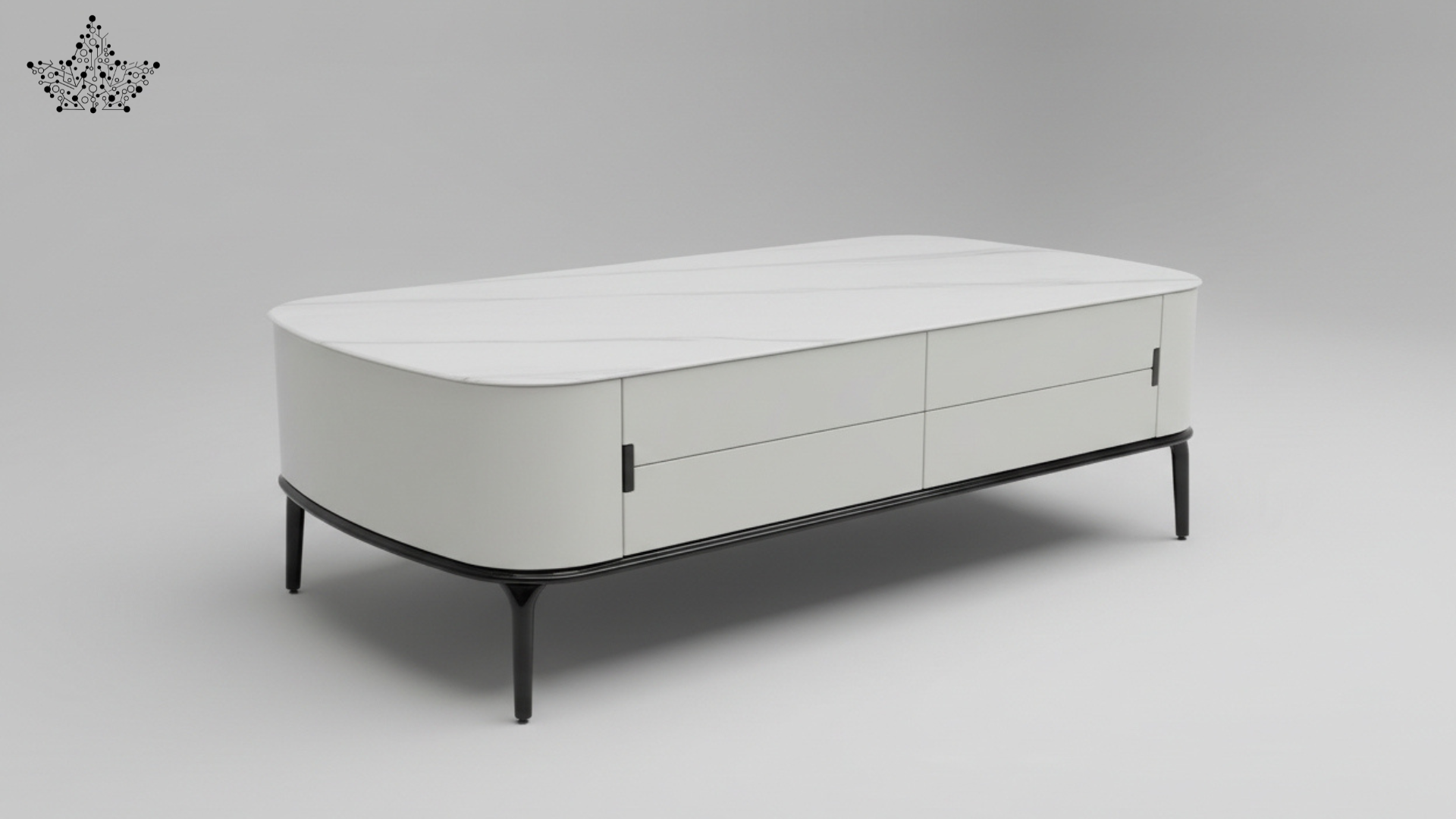Marble Top Center Table | White Matte Lacquer, 4 Drawers & Dark Metal Legs