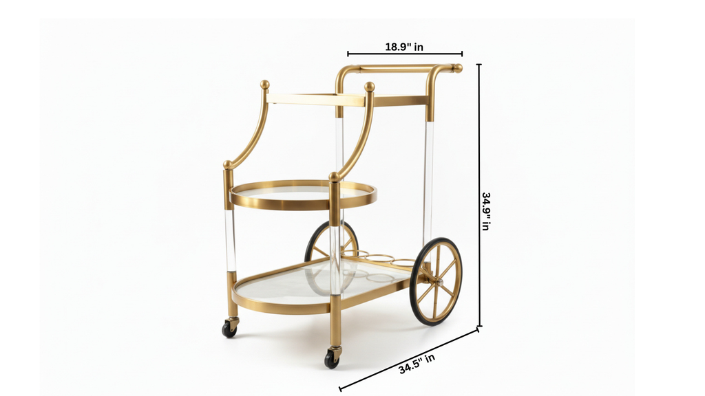 3-Tier Aero Wheel  Service Trolley | Stainless Steel, Marble, Glass & Acrylic | Antique Gold