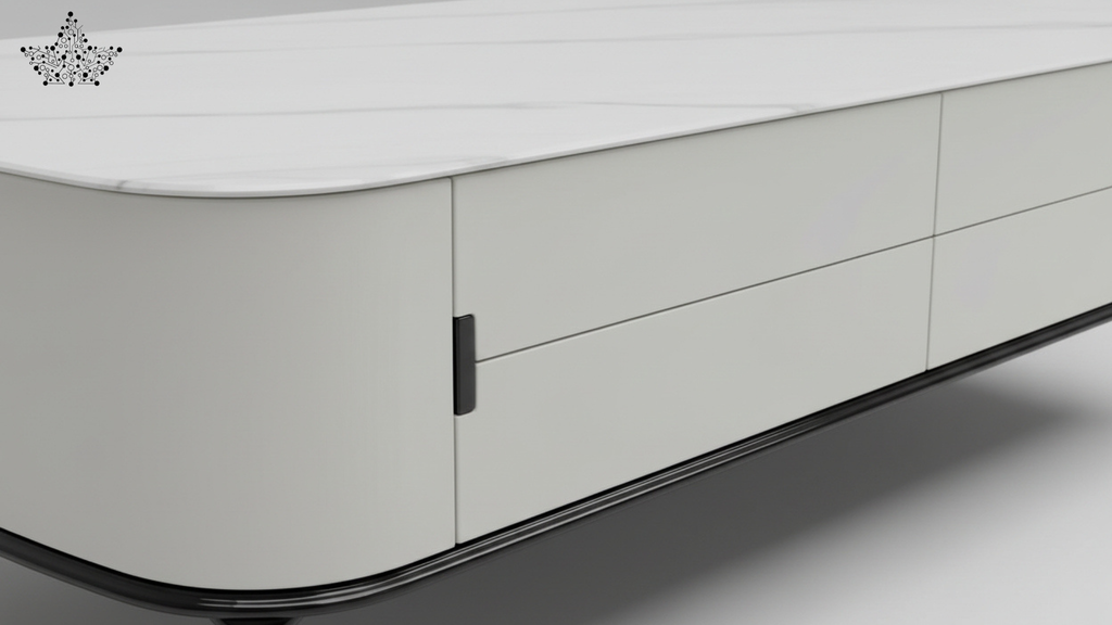 Marble Top Center Table | White Matte Lacquer, 4 Drawers & Dark Metal Legs