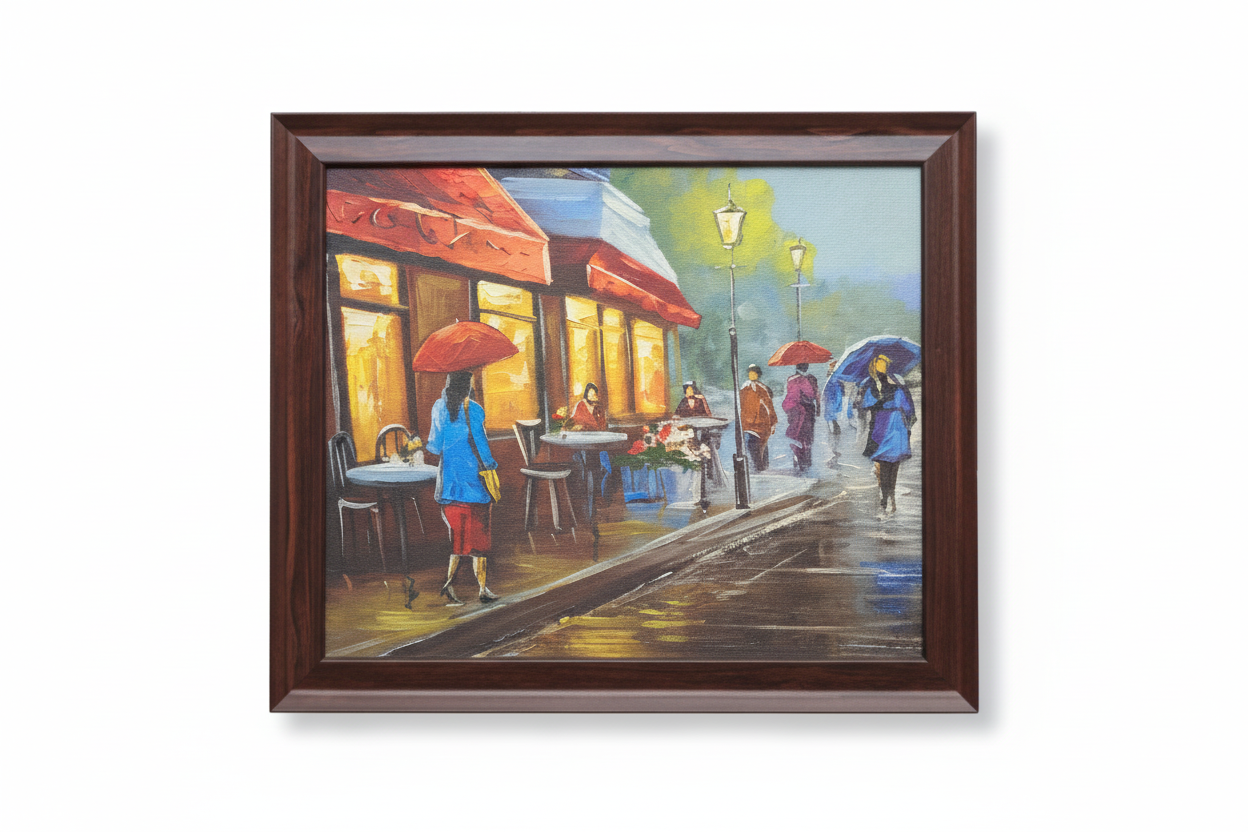 Rainy Evening Café Street | Hand-PaintedWooden Frame