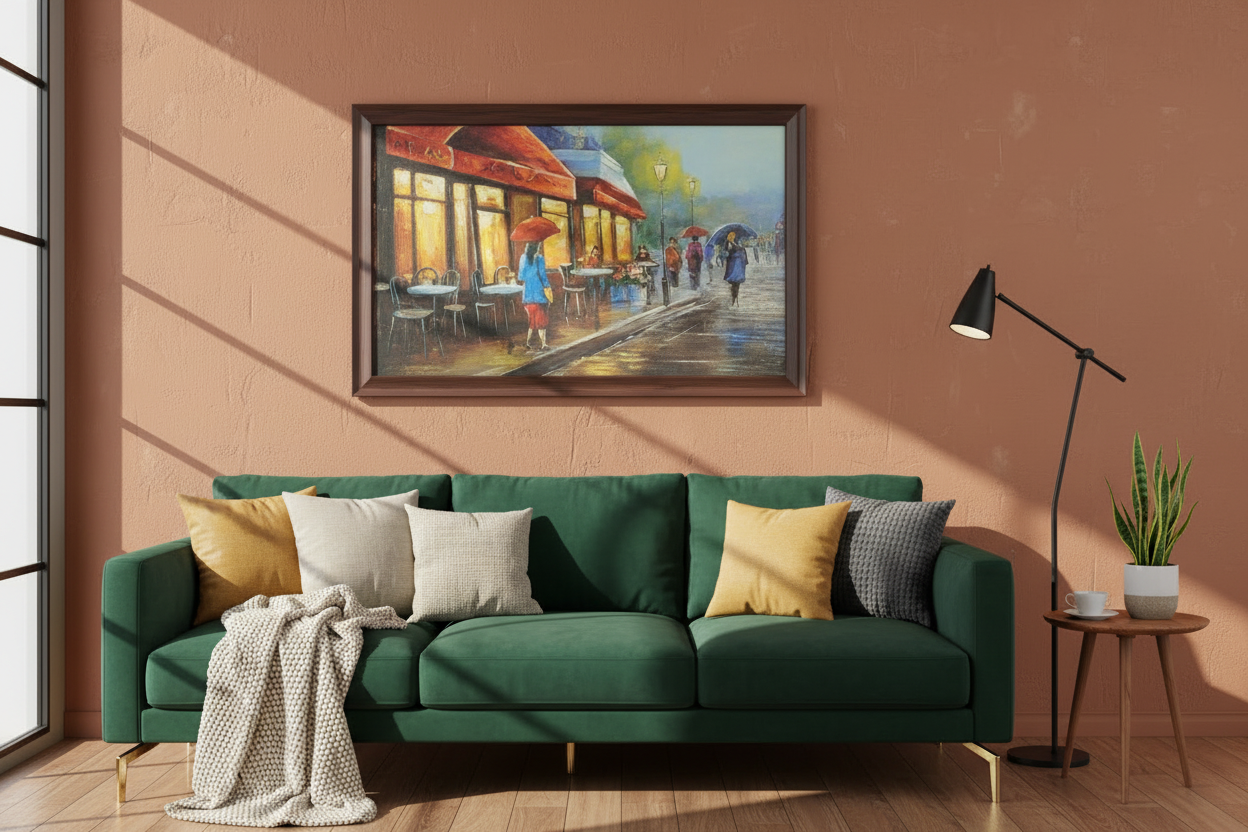 Rainy Evening Café Street | Hand-PaintedWooden Frame