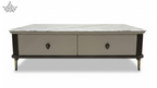 Coffee table with marble top and wooden base on a white background