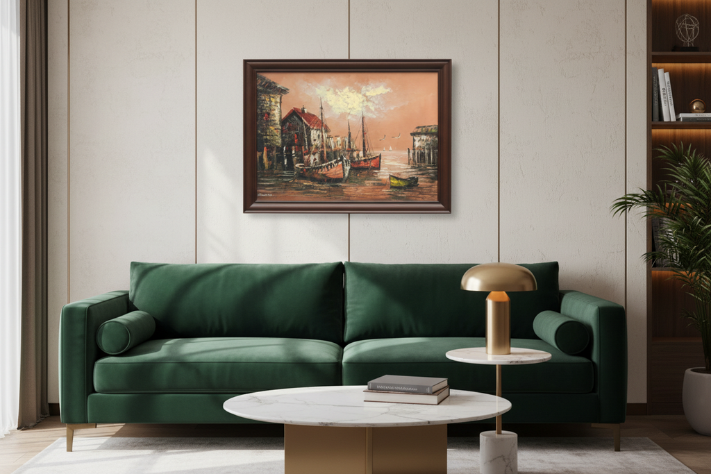Framed painting of a harbor scene with boats and buildings.